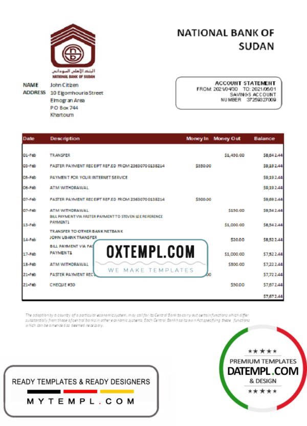 Sudan National Bank of Sudan bank statement easy to fill template in Excel and PDF format