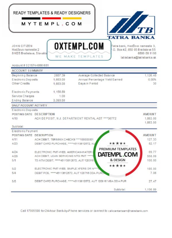 Slovakia Tatra Bank statement easy to fill template in .xls  and .pdf file format