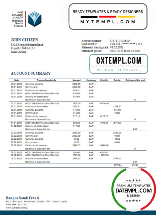 Saudi Arabia Banque Saudi Fransi bank statement template in Word and PDF format, good for address prove