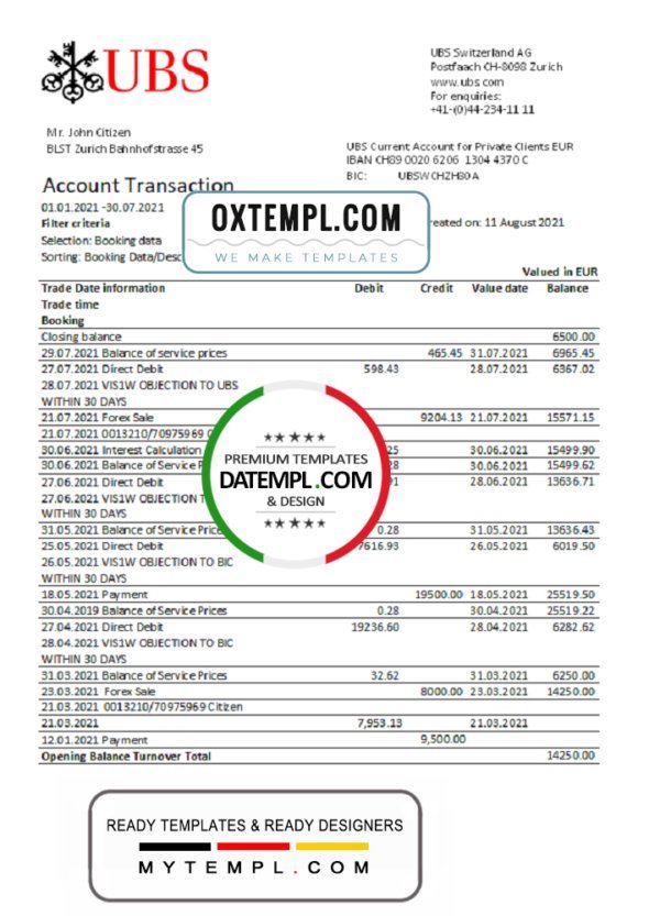 Switzerland UBS Bank statement easy to fill template in Excel and PDF format