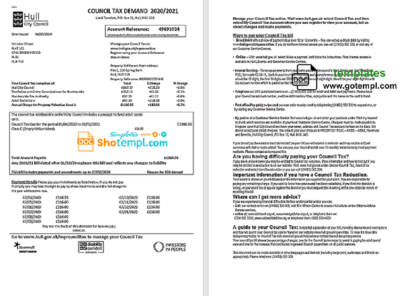 United Kingdom Hull City Council utility bill template in Word and PDF format, 2 pages