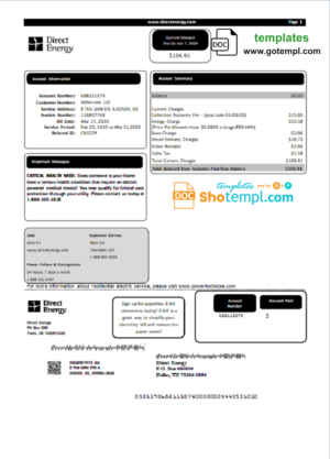USA Texas Direct Energy utility bill template in Word and PDF format