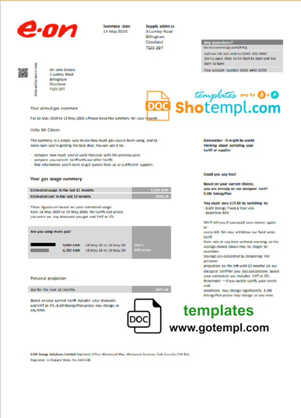 United Kingdom E.ON utility bill template in Word and PDF format, version 2