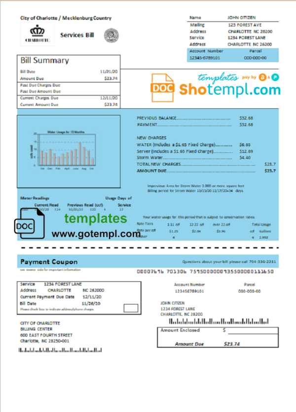 USA North Carolina City of Charlotte water utility bill template in Word and PDF format