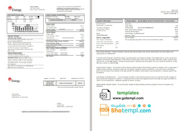 USA Entergy electricity utility bill template in Word and PDF format (2 pages)