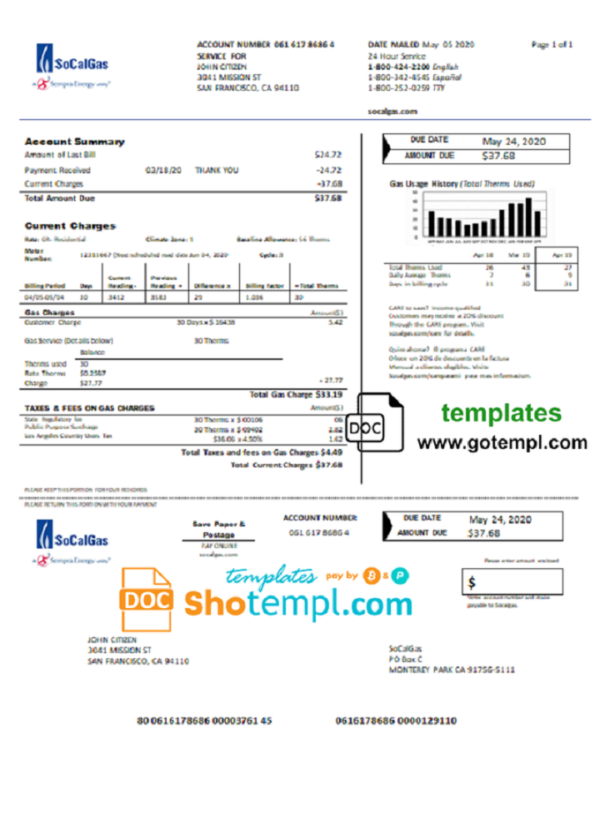 USA California SoCal Gas utility bill template in Word and PDF format