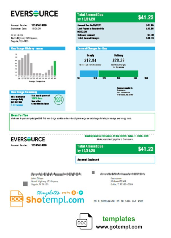 USA Eversource gas utility bill template in Word and PDF format, good for address prove