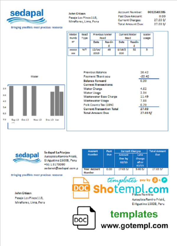 Peru Sedapal La Atarjea water utility bill template in Word and PDF format