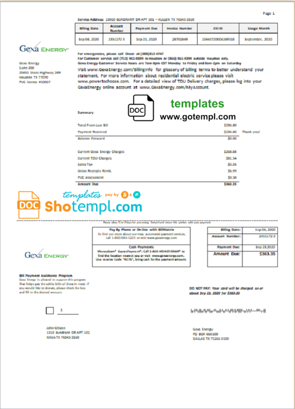 USA Texas Gexa Energy utility bill template in Word format