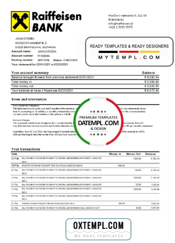 Slovakia Raiffeisen Bank statement easy to fill template in Excel and PDF format