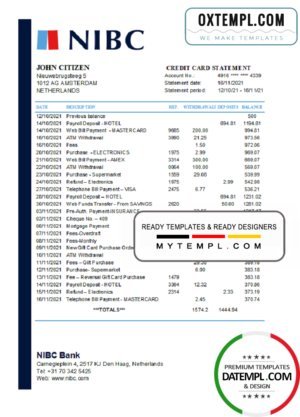 Netherlands NIBC Bank statement easy to fill template in .xls and .pdf file format