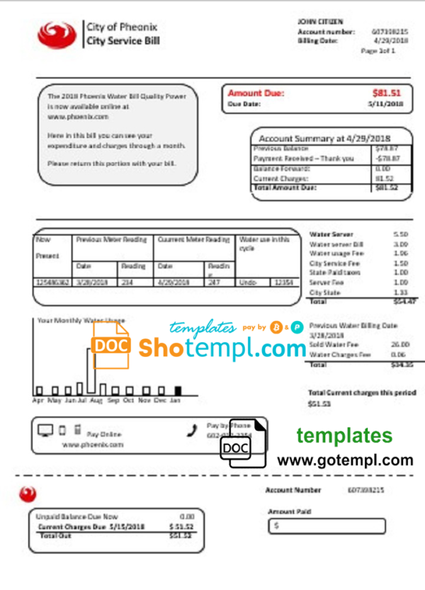 USA Arizona City of Phoenix utility bill template in Word and PDF format