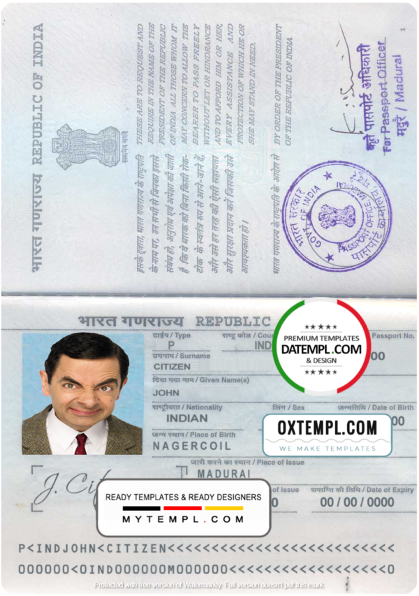 India passport template in PSD format, fully editable, with all fonts