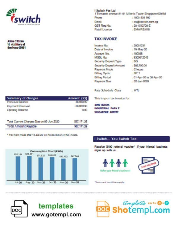 Singapore I Switch electricity utility bill template in Word and PDF format