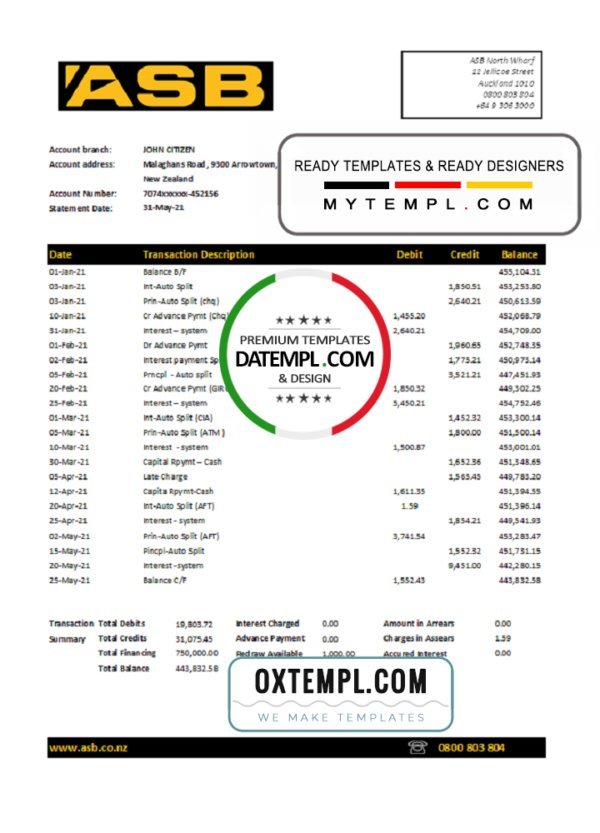 New Zealand ASB Bank statement easy to fill template in Excel and PDF format