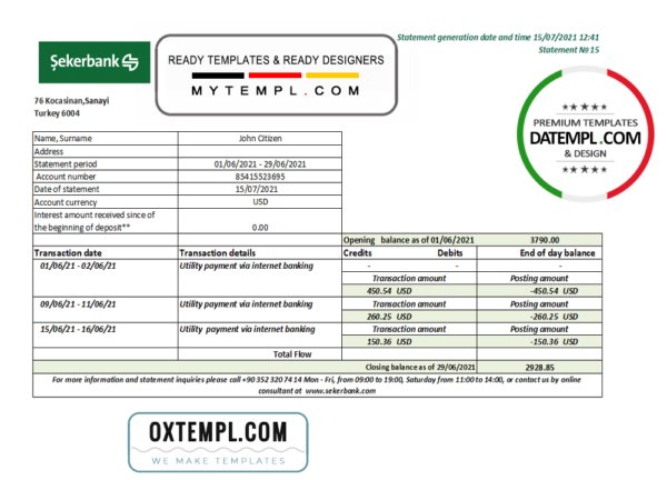 Turkey Sekerbank Bank statement easy to fill template in Excel and PDF format