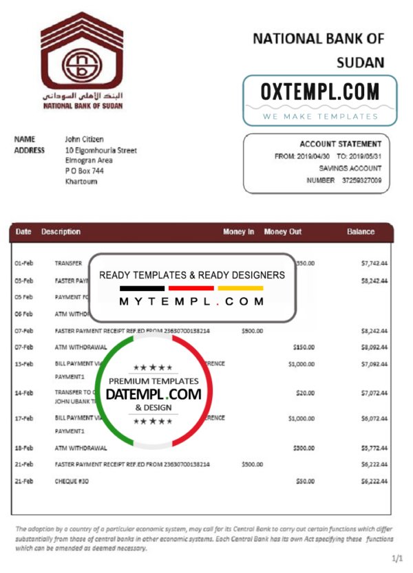 Sudan National Bank of Sudan bank statement template in Word and PDF format