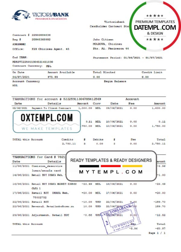 Moldova Victoriabank bank statement easy to fill template in Excel and PDF format