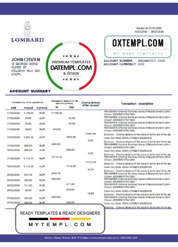 Malta Lombard Bank Malta p.l.c bank statement template in Word and PDF format