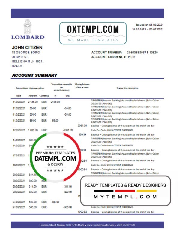 Malta Lombard Bank Malta p.l.c. bank statement easy to fill template in .xls  and .pdf file format