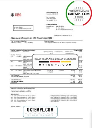 Switzerland UBS bank statement template in .xls and .pdf file format, Version 2