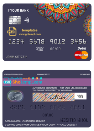 mandala jasmine universal multipurpose bank mastercard debit credit card template in PSD format, fully editable