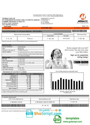 Philippines Meralco electricity utility bill template, fully editable in PSD format