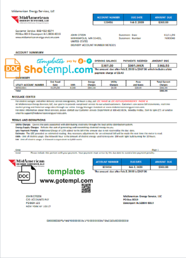 USA Iowa MidAmerican Energy Services utility bill template in Word and PDF format