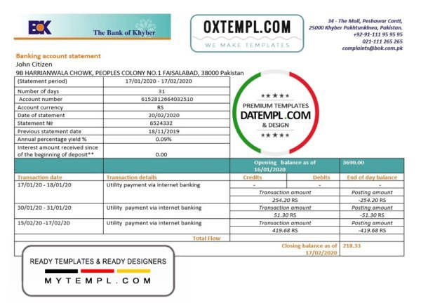 Pakistan The Bank of Khyber bank proof of address statement template in Word and PDF format, .doc and .pdf format