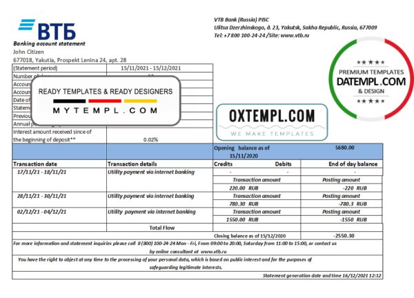 Russia VTB bank statement easy to fill template in .xls and .pdf file format