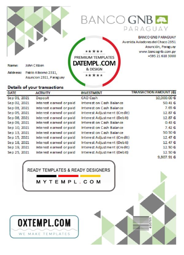 Paraguay Banco Continental S.A.E.C.A. bank statement easy to fill template in .xls and .pdf file format