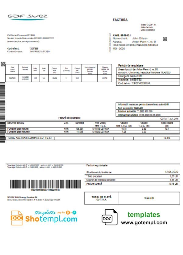 Moldova Gas utility bill template in Word and PDF format