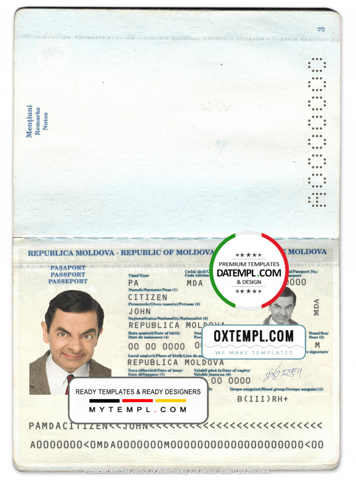 Moldova passport template in psd format, 2011-2014