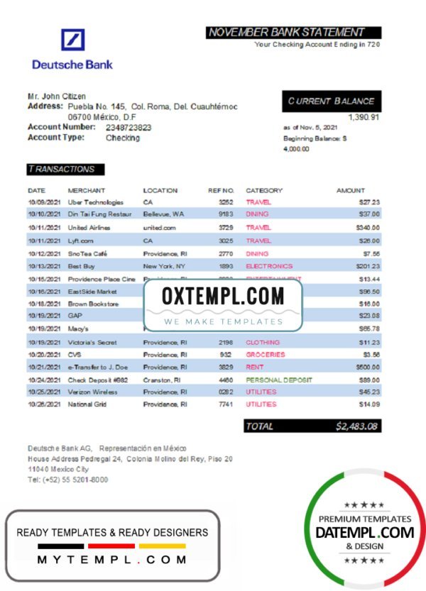 Mexico Deutsche bank statement easy to fill template in Excel and PDF format