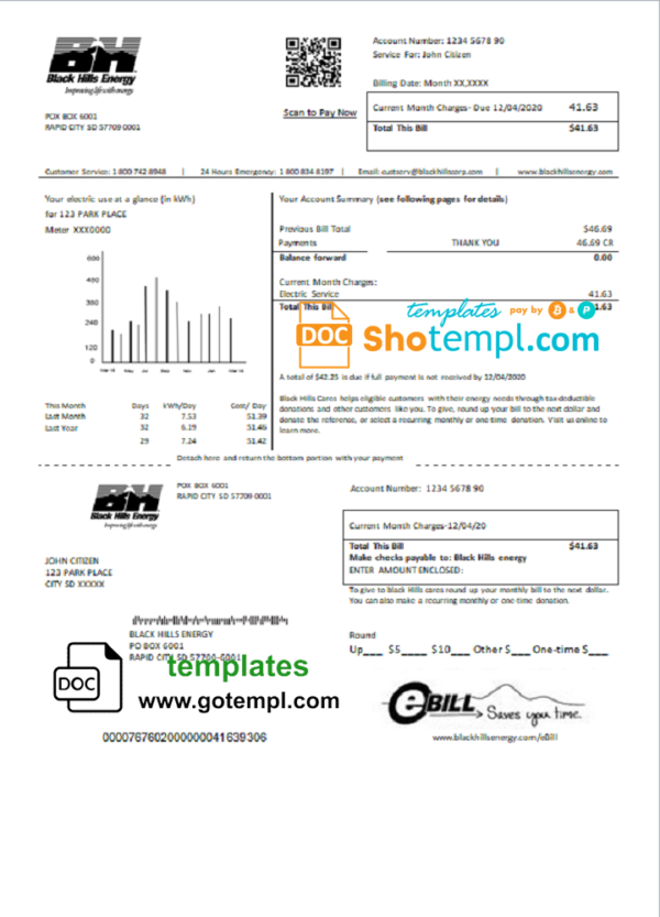 USA South Dakota Black Hills Energy utility bill template in Word and PDF format