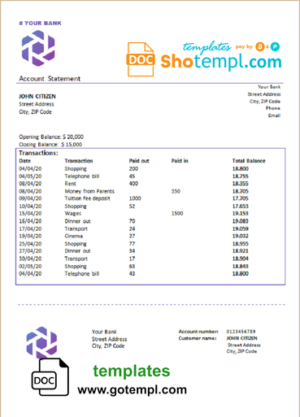 Guinea UBA Bank statement template in Word and PDF format, good for address prove