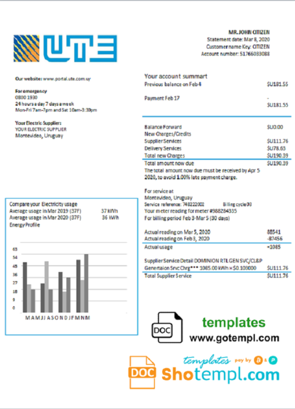 Uruguay UTE Company electricity utility bill template in Word and PDF format