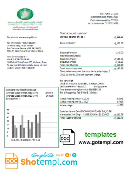 Oman Electricity Transmission Company electricity utility bill template in Word and PDF format