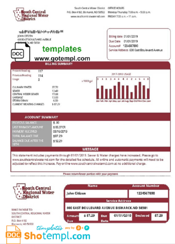 USA North Dakota South Central Regional Water District utility bill template in Word and PDF format