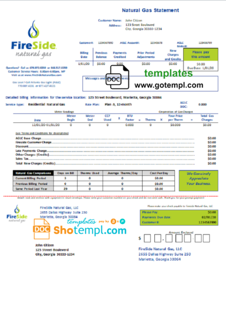 USA California FireSide natural gas utility bill template in Word and PDF format