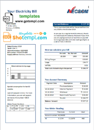 Somalia NESCOM Company electricity utility bill template in Word and PDF format