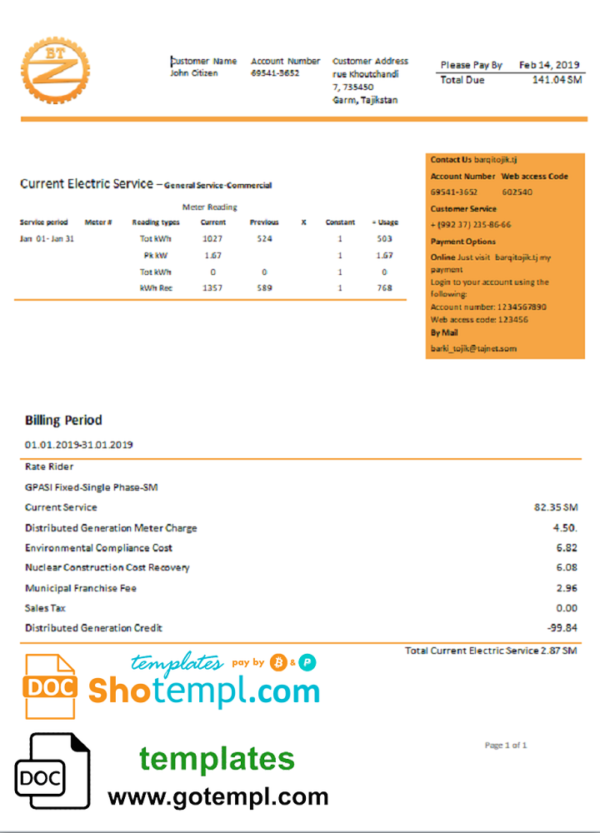 Tajikistan Barqi Tojik Company electricity utility bill template in Word and PDF format