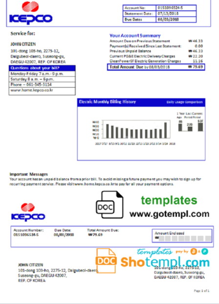 South Korea Electric Power Corporation electricity utility bill template in Word and PDF format