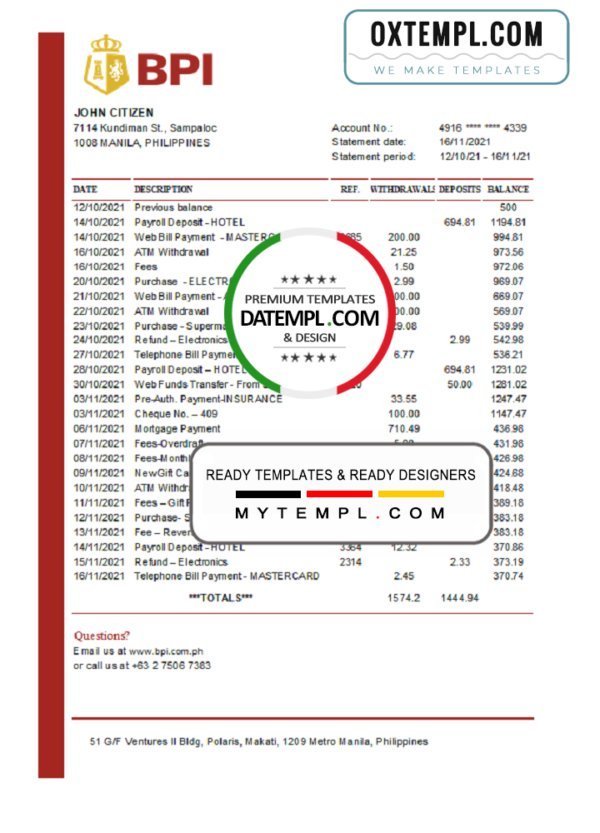 Philippines Bank of the Philippine bank statement easy to fill template in Excel and PDF format