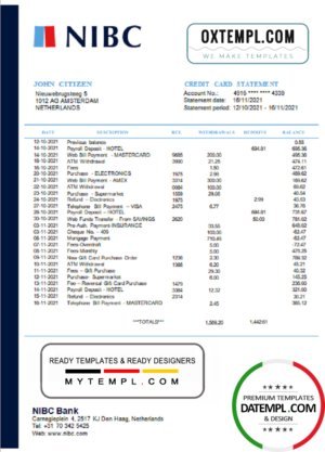 Netherlands NIBC Bank statement easy to fill template in Word and PDF format