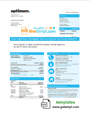USA New York Optimum cablevision bill template in Word and PDF format