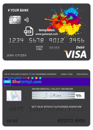 # paintings color universal multipurpose bank visa credit card template in PSD format, fully editable
