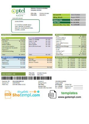 Pakistan PTCL utility bill template in Word and PDF format