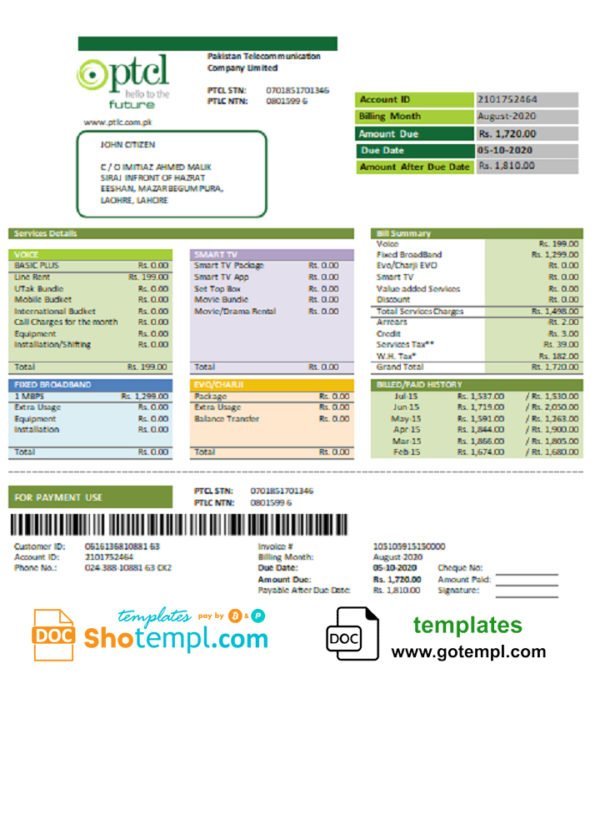 Pakistan PTCL utility bill template in Word and PDF format