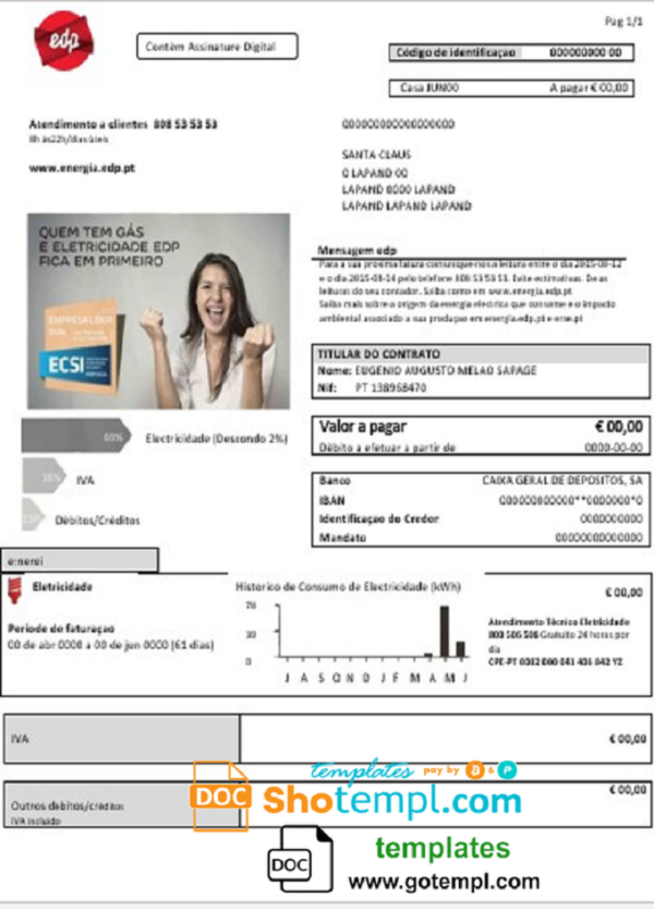 Portugal EDP electricity utility bill template in Word and PDF format